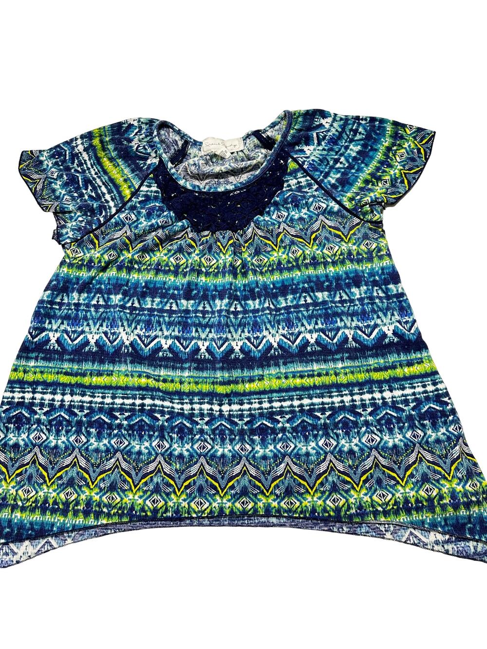 French Laundry Shirt XL Blue Yellow Green Tribal Short Sleeves Cotton Blend